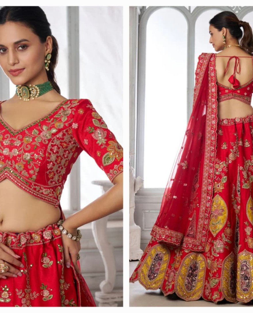 RED - Embroidered, Patch Border, Sequins and Zari Work Silk Lehenga Choli In Red for Engagement
